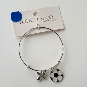 Touch & Co Silver Tone Bangle Bracelet w Soccer Ball I Love Soccer Charm NWT